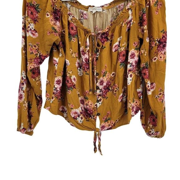 Vintage Rewind Peasant Blouse L Mustard Floral Off Shoulder Crop Button Tie Puff - Picture 7 of 14